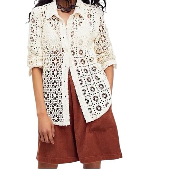 Free People Yesenia Shacket Meridian Moon Lace Eyelet Cream size XL - Picture 2 of 9